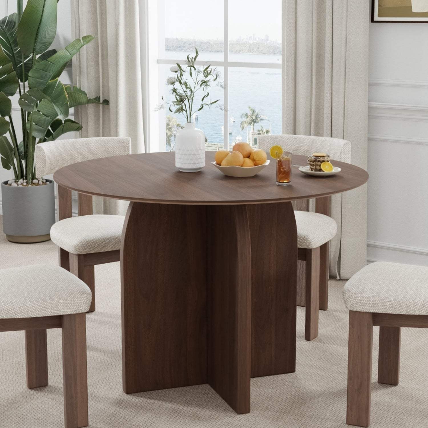 42" Brown Wood Pedestal Base Round Top Dining Table - HomeRoots - Flyclothing LLC