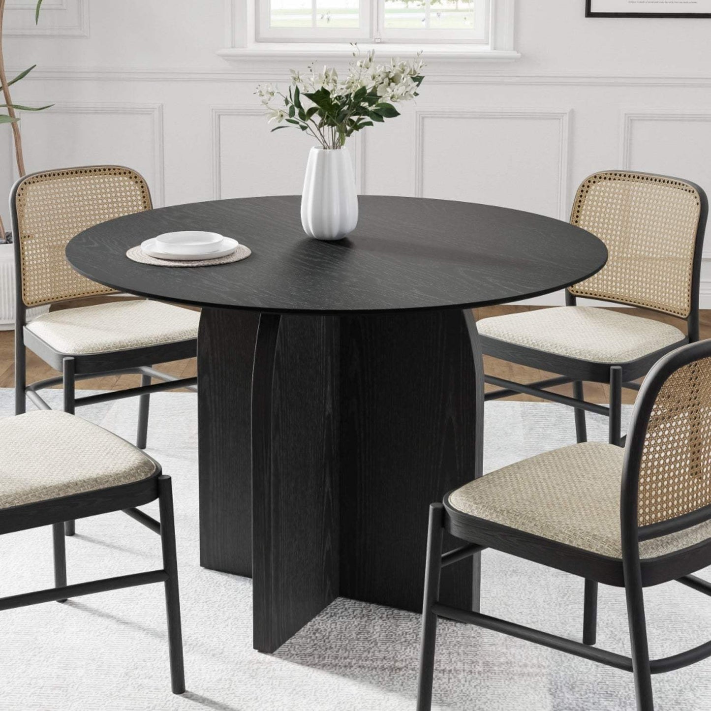 42" Black Wood Pedestal Base Round Top Dining Table - HomeRoots - Flyclothing LLC