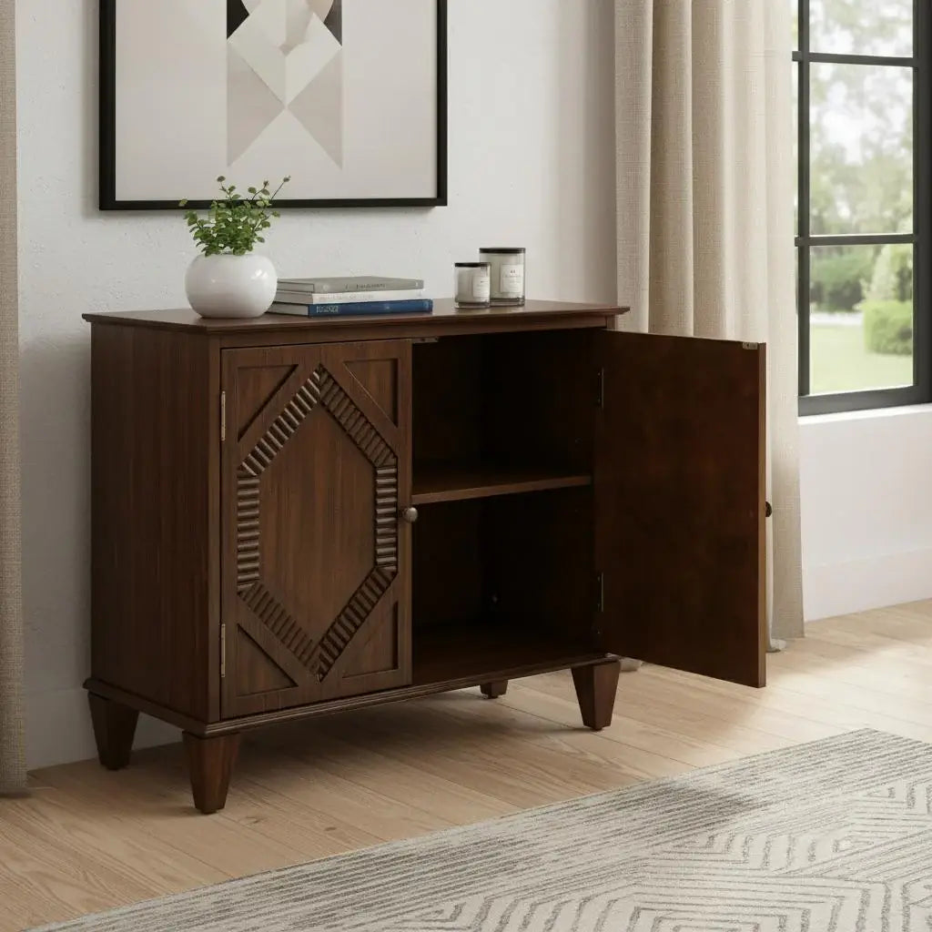 34" Brown Wood Carved Geometric Accent Cabinet With Two Doors - Homeroots - Flyclothing LLC
