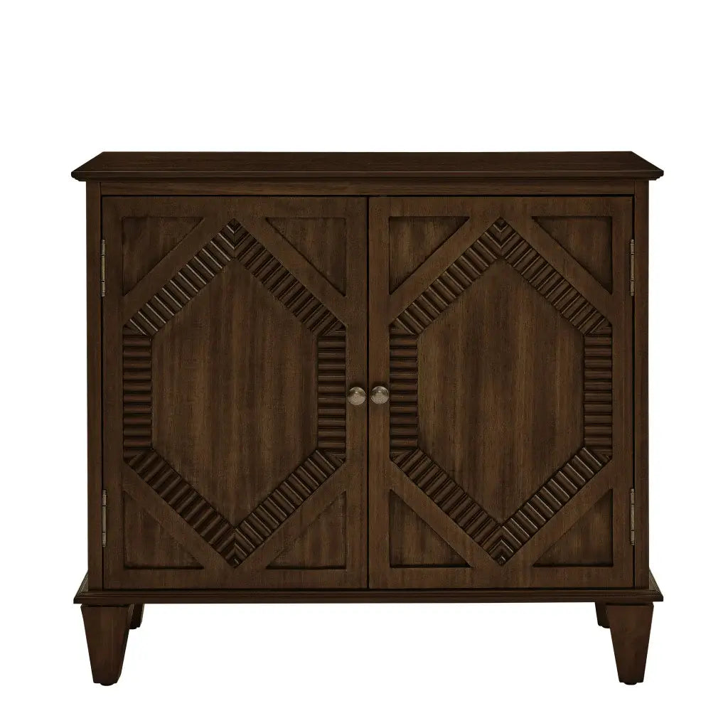 34" Brown Wood Carved Geometric Accent Cabinet With Two Doors - Homeroots - Flyclothing LLC