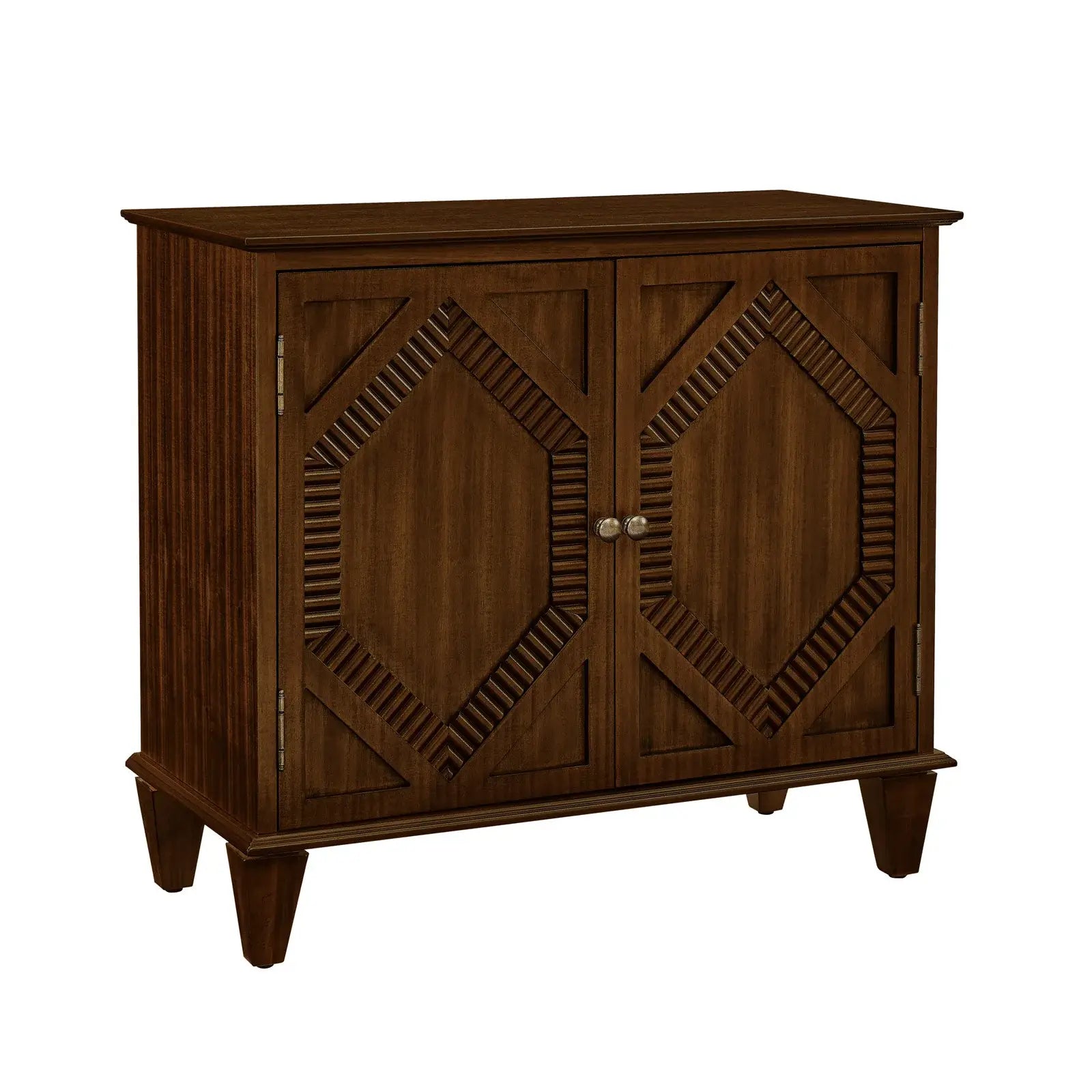 34" Brown Wood Carved Geometric Accent Cabinet With Two Doors - Homeroots - Flyclothing LLC