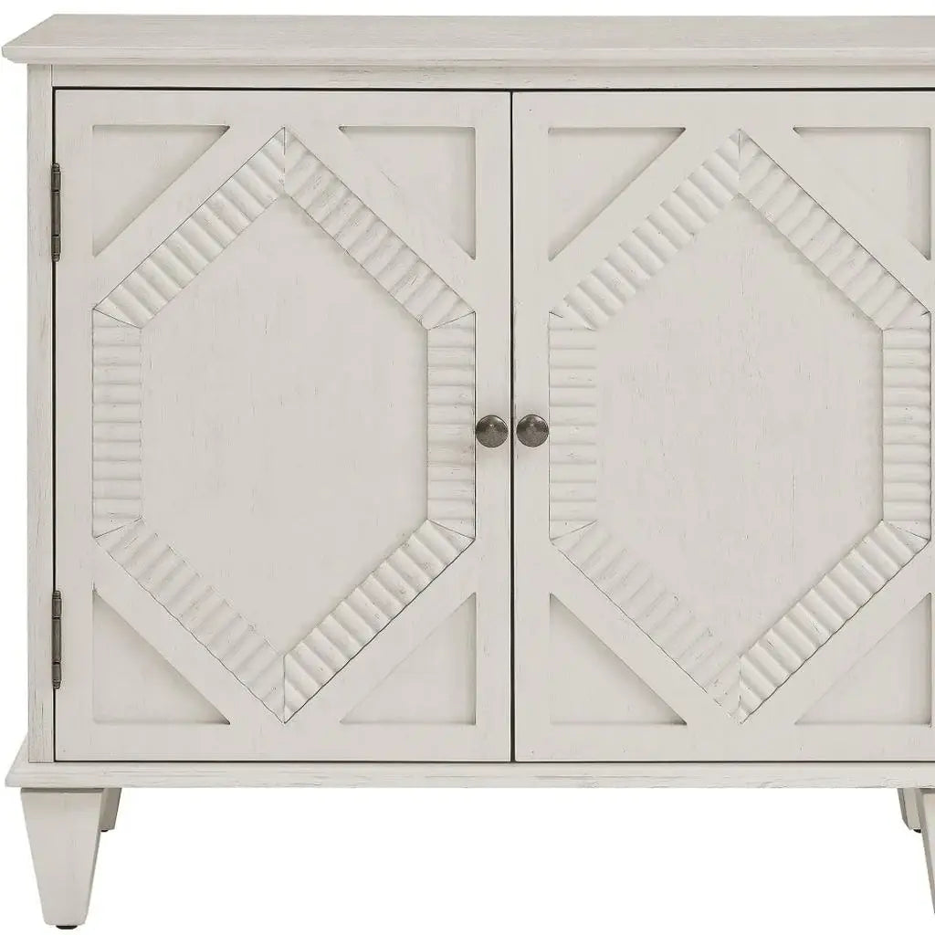 34" White Wood Carved Geometric Accent Cabinet With Two Doors - Homeroots - Flyclothing LLC