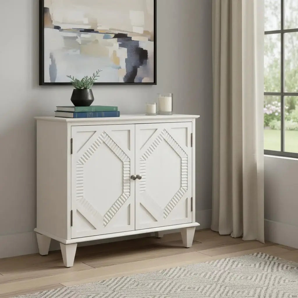 34" White Wood Carved Geometric Accent Cabinet With Two Doors - Homeroots - Flyclothing LLC