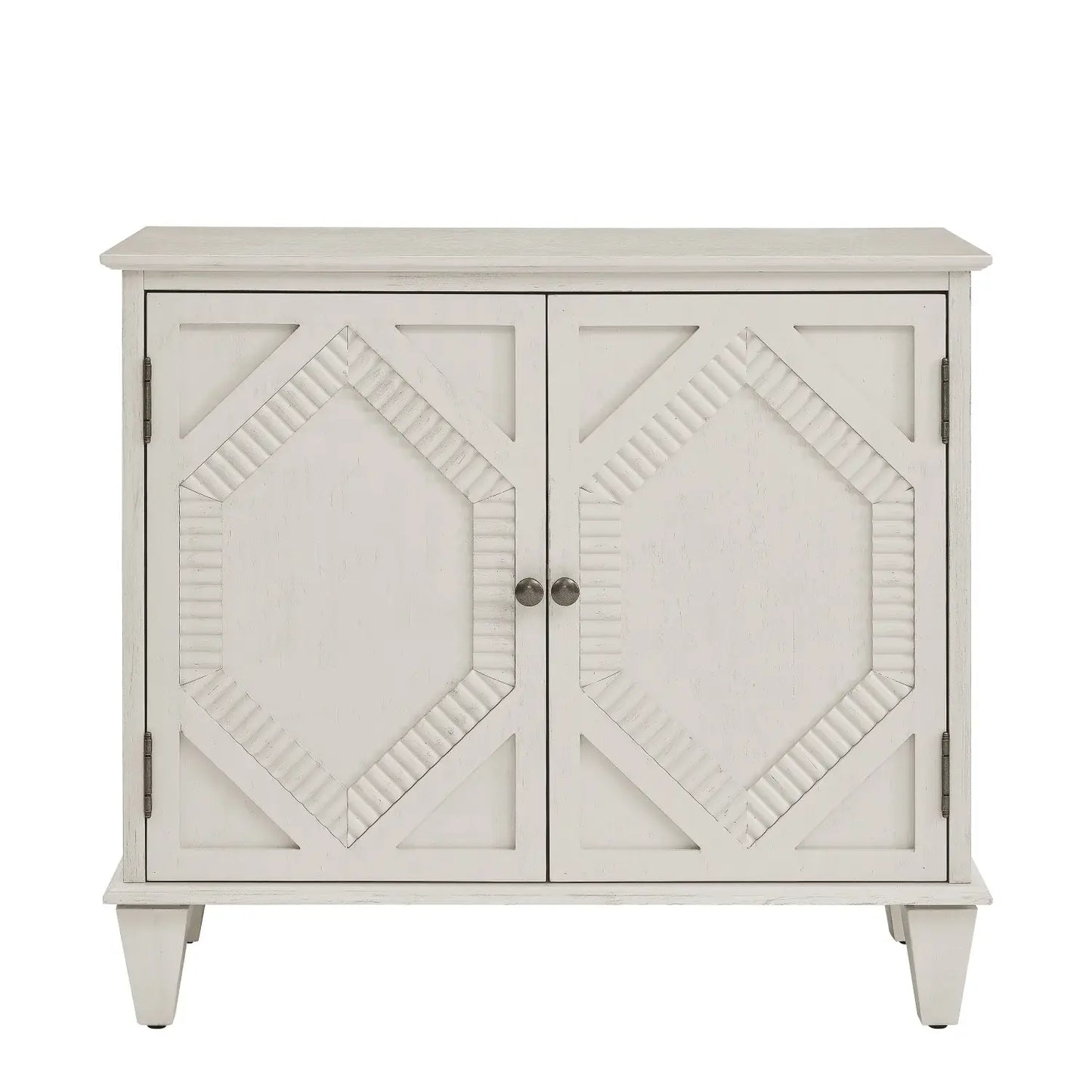 34" White Wood Carved Geometric Accent Cabinet With Two Doors - Homeroots - Flyclothing LLC