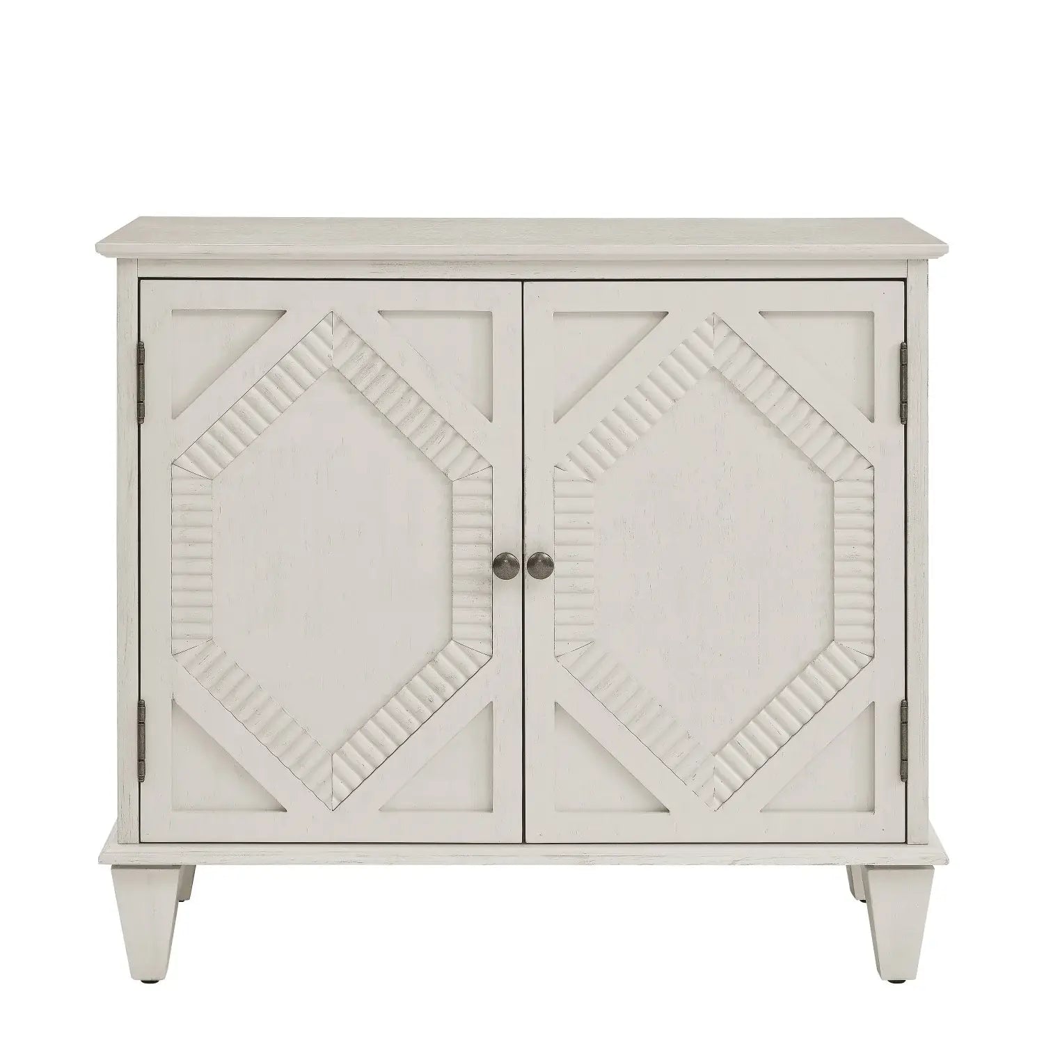 34" White Wood Carved Geometric Accent Cabinet With Two Doors - Homeroots - Flyclothing LLC