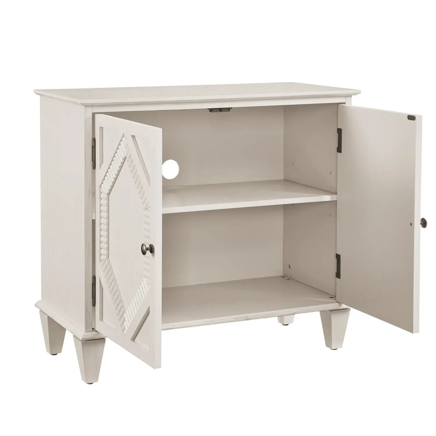 34" White Wood Carved Geometric Accent Cabinet With Two Doors - Homeroots - Flyclothing LLC