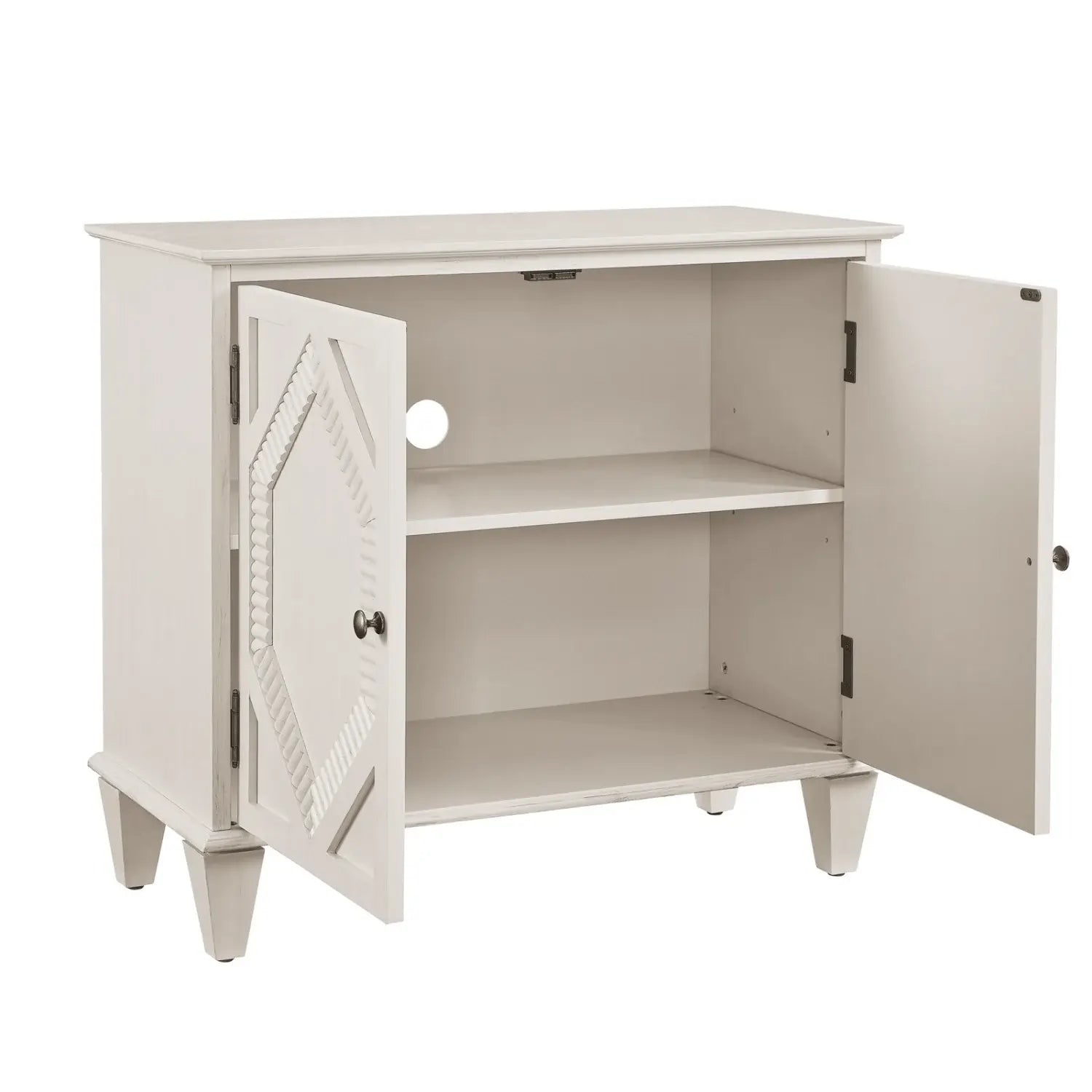 34" White Wood Carved Geometric Accent Cabinet With Two Doors - Homeroots - Flyclothing LLC