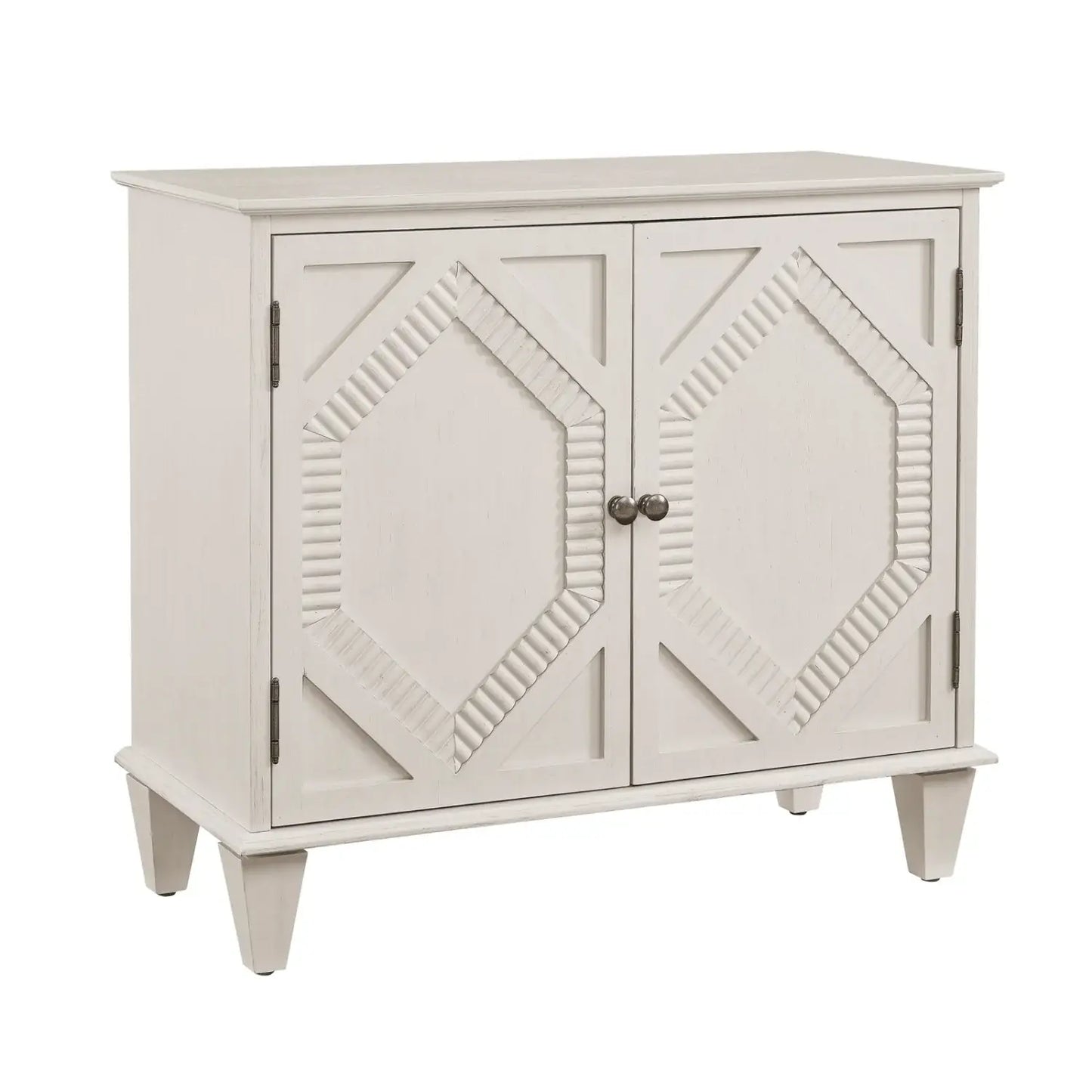 34" White Wood Carved Geometric Accent Cabinet With Two Doors - Homeroots - Flyclothing LLC