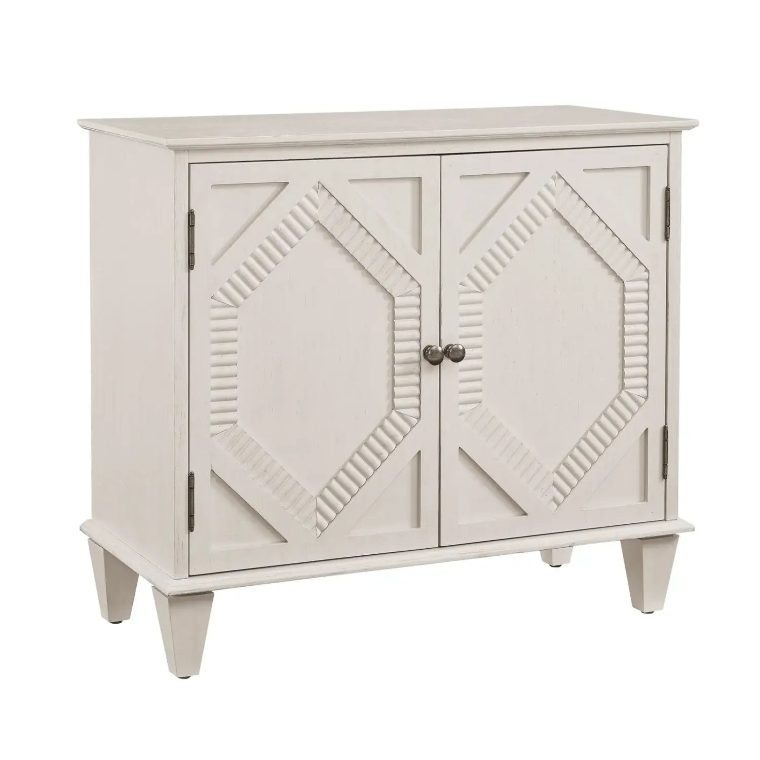 34" White Wood Carved Geometric Accent Cabinet With Two Doors - Homeroots - Flyclothing LLC