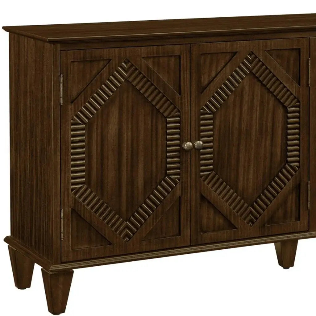 66" Brown Wood Carved Geometric Accent Cabinet With Four Doors - Homeroots - Flyclothing LLC