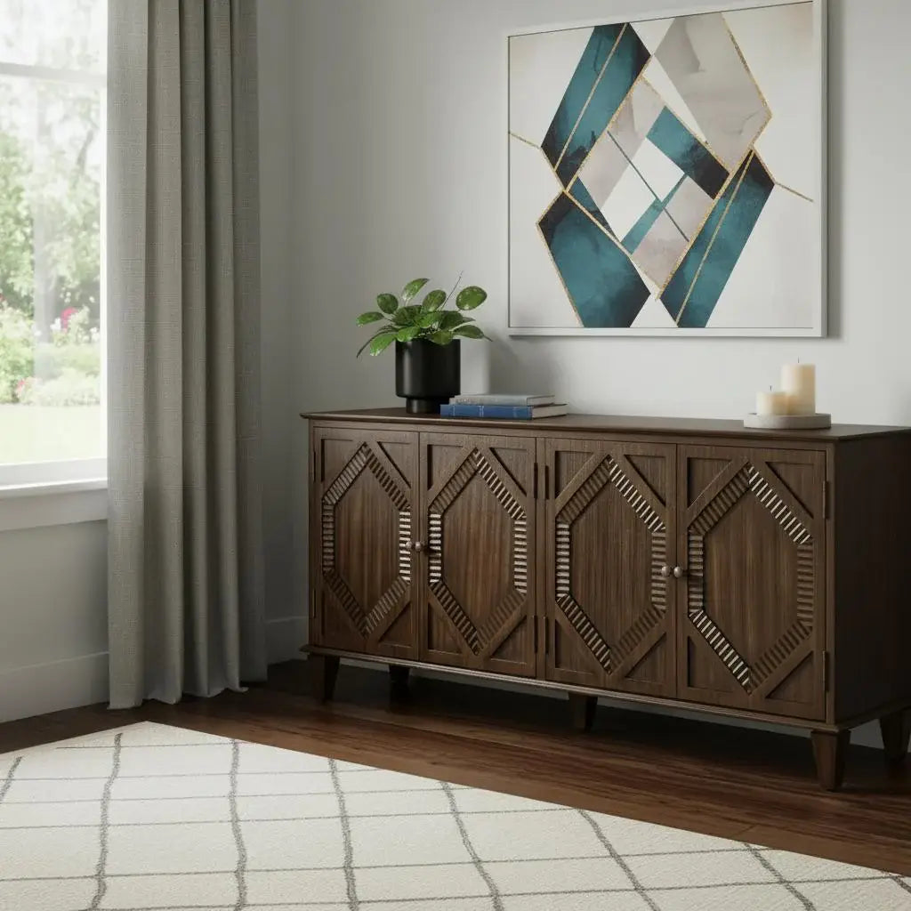66" Brown Wood Carved Geometric Accent Cabinet With Four Doors - Homeroots - Flyclothing LLC