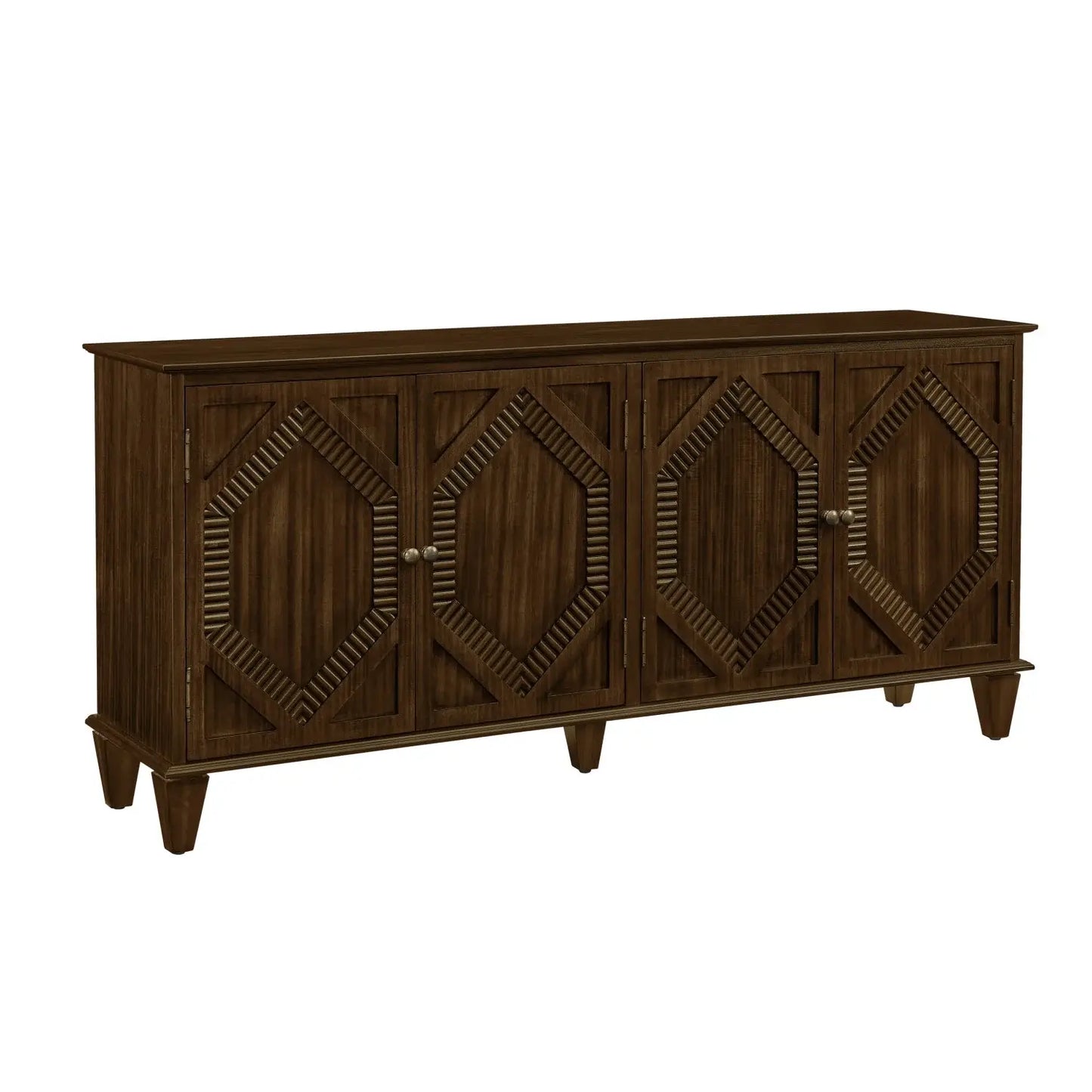66" Brown Wood Carved Geometric Accent Cabinet With Four Doors - Homeroots - Flyclothing LLC