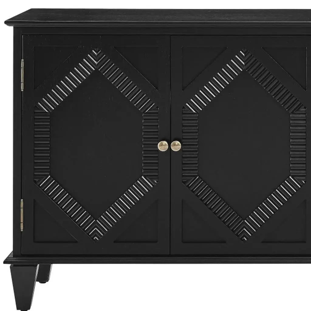 66" Black Wood Carved Geometric Accent Cabinet With Four Doors - Homeroots - Flyclothing LLC