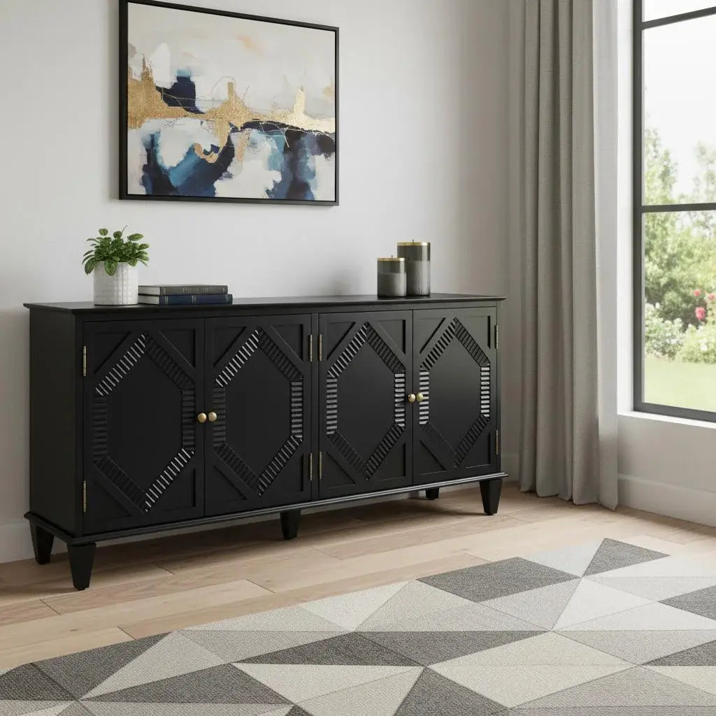66" Black Wood Carved Geometric Accent Cabinet With Four Doors - Homeroots - Flyclothing LLC