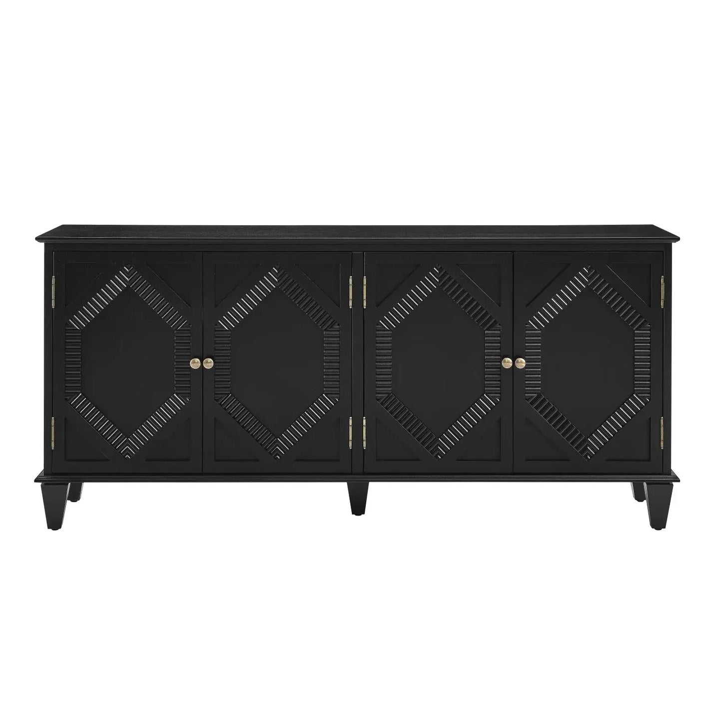66" Black Wood Carved Geometric Accent Cabinet With Four Doors - Homeroots - Flyclothing LLC