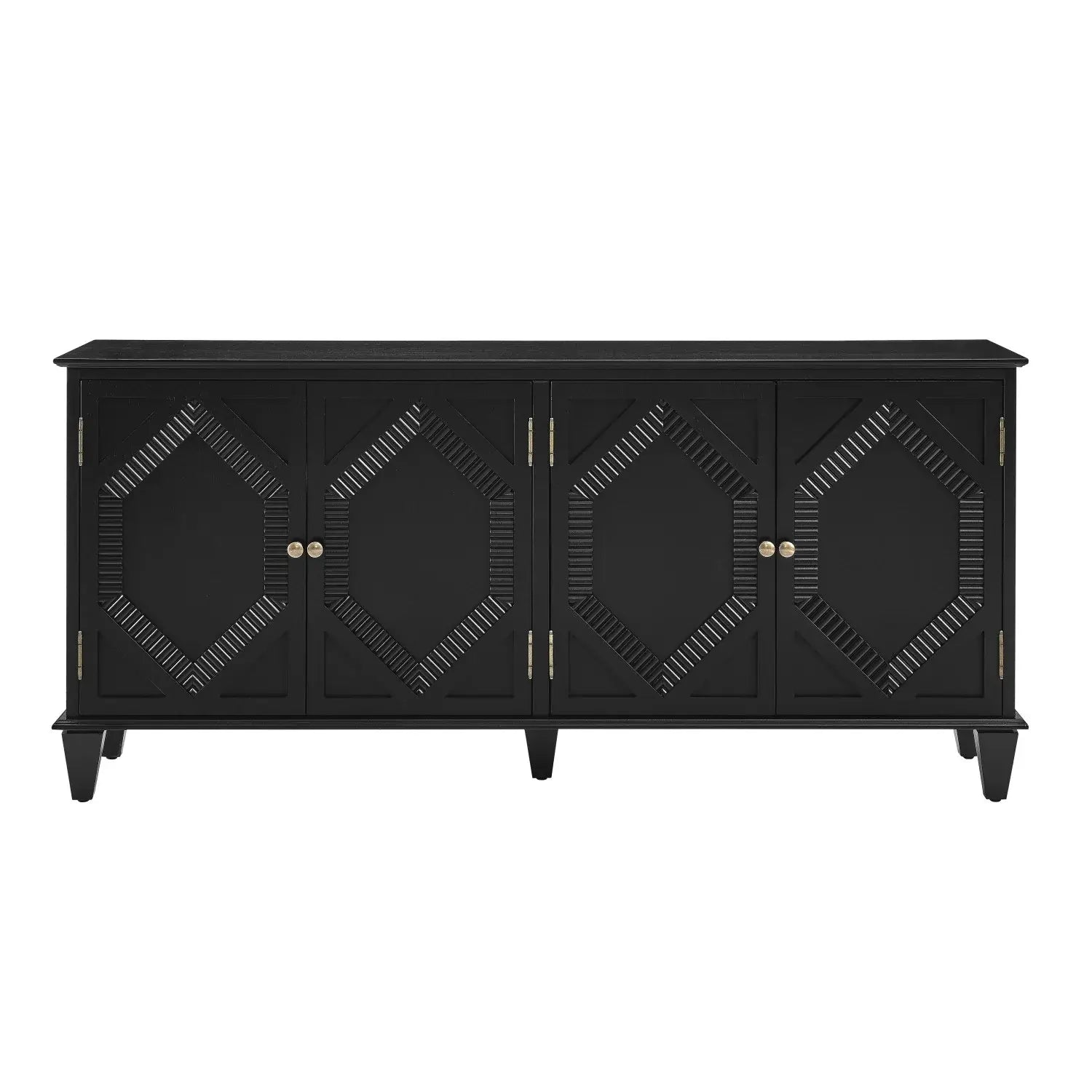 66" Black Wood Carved Geometric Accent Cabinet With Four Doors - Homeroots - Flyclothing LLC