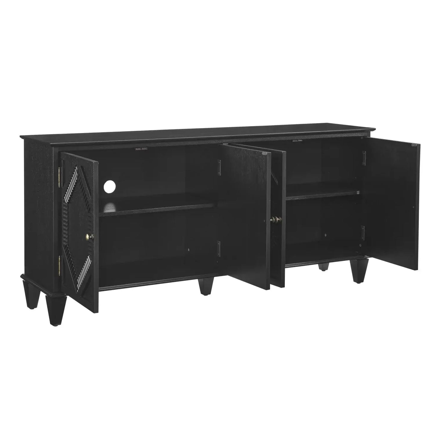 66" Black Wood Carved Geometric Accent Cabinet With Four Doors - Homeroots - Flyclothing LLC