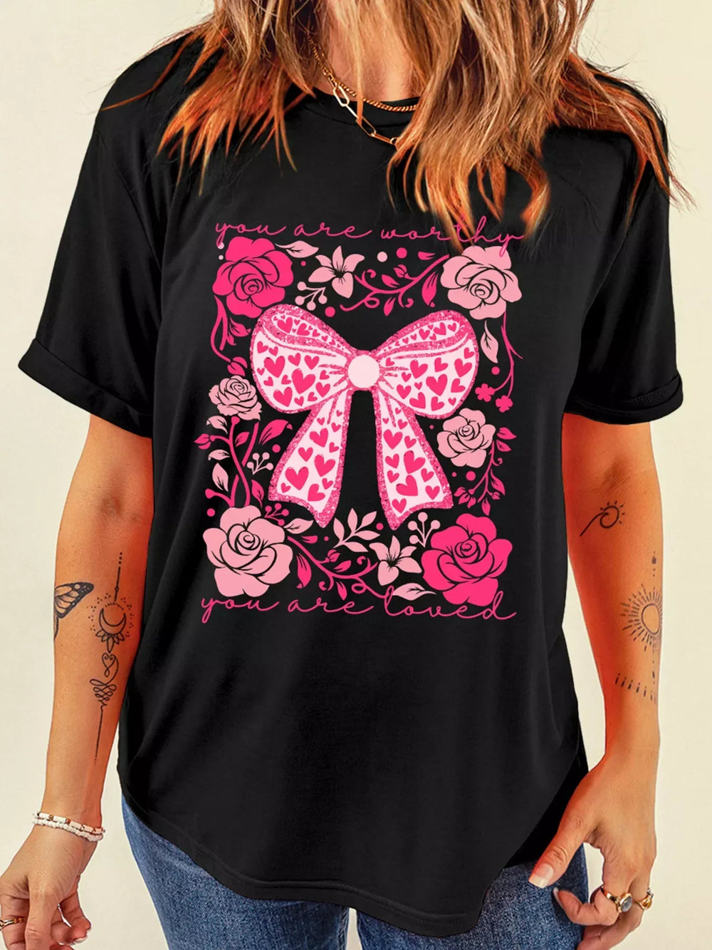 Valentines Day Slogan Floral and Bow T Shirt - Trendsi - Flyclothing LLC