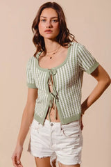 SO ME Tie Front Textured Vertical Stripe Knit Cardigan - Trendsi - Flyclothing LLC