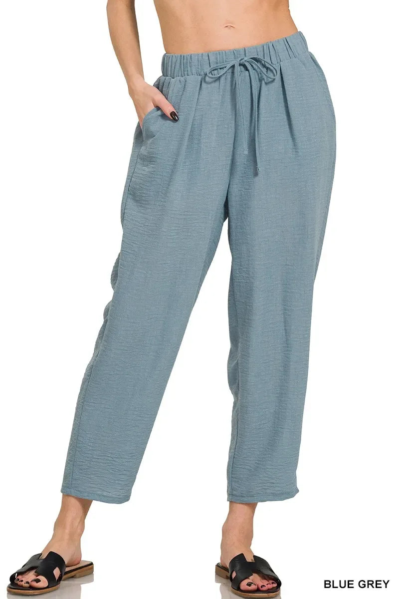 Zenana Woven Crepe Elastic Band Waist Pants - Trendsi - Flyclothing LLC