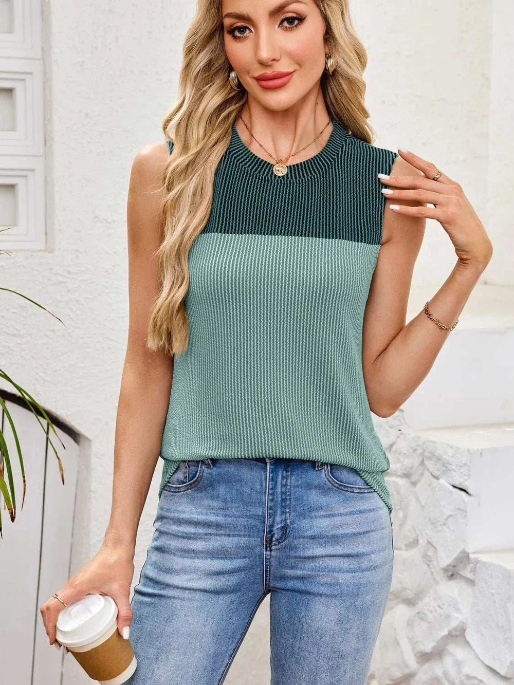 Textured Round Neck Tank - Trendsi - Flyclothing LLC