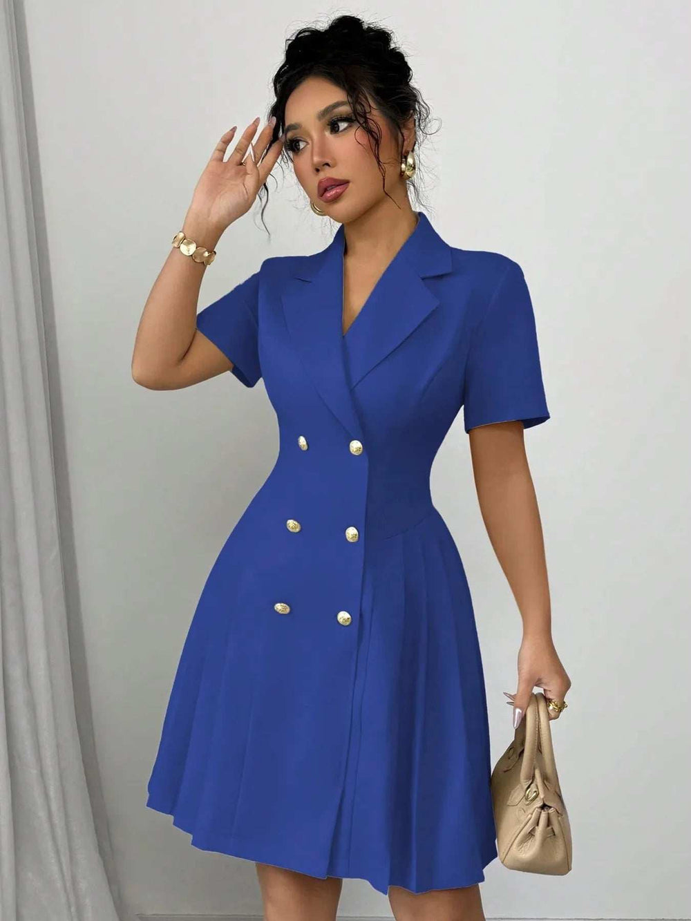 Double-Breasted Short Sleeve Dress - Trendsi - Flyclothing LLC