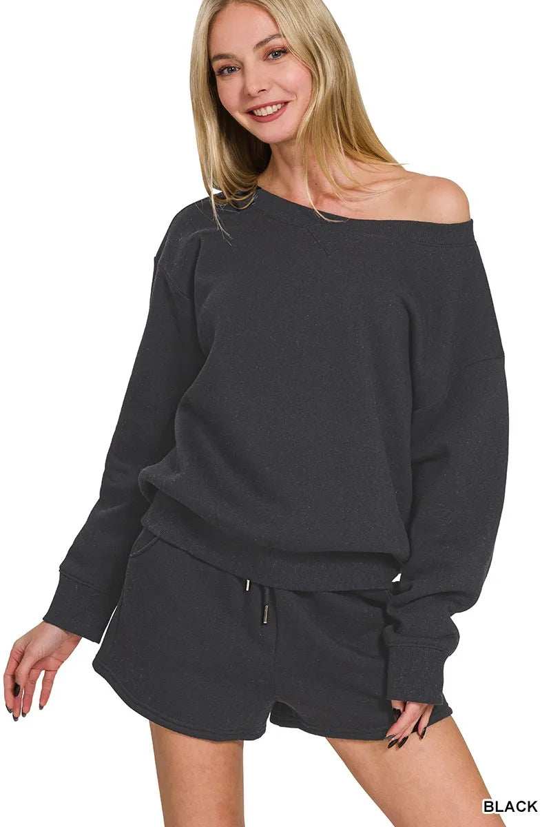 Zenana Fleece Boat Neck Sweatshirt and Shorts Set - Trendsi - Flyclothing LLC