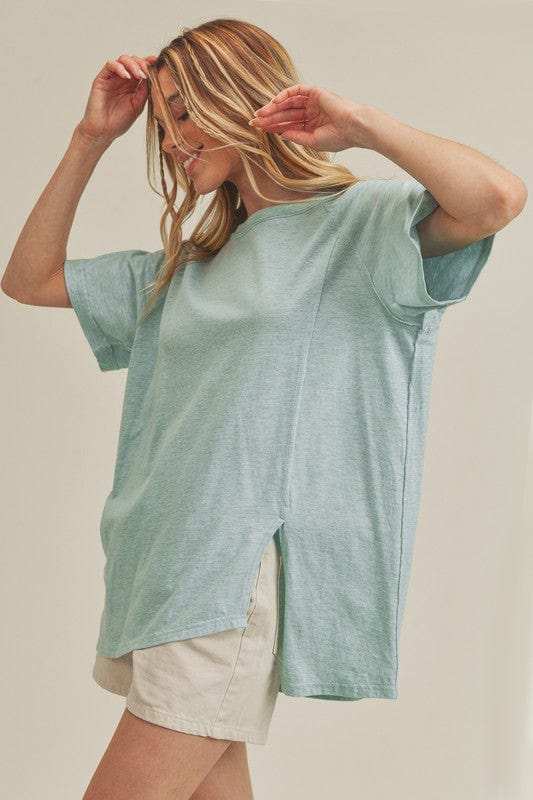 Aemi + Co Asymmetrical Front Slit Round Neck Raglan Sleeve T-Shirt - Trendsi - Flyclothing LLC