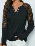 Lace Notched Long Sleeve Blouse - Trendsi