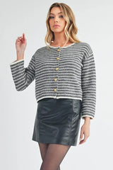 Aemi + Co Striped Button Down Round Neck Cardigan - Trendsi - Flyclothing LLC