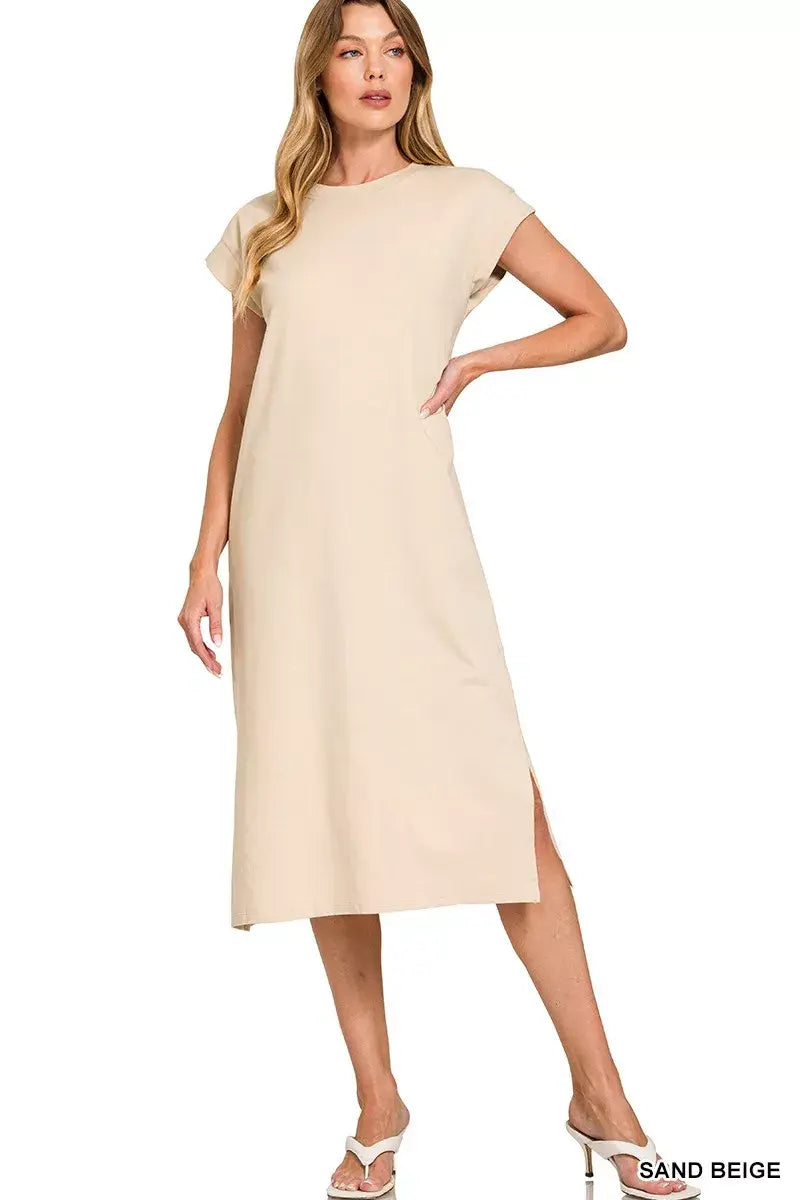 Zenana Round Neck Side Slit Midi Dress - Trendsi - Flyclothing LLC