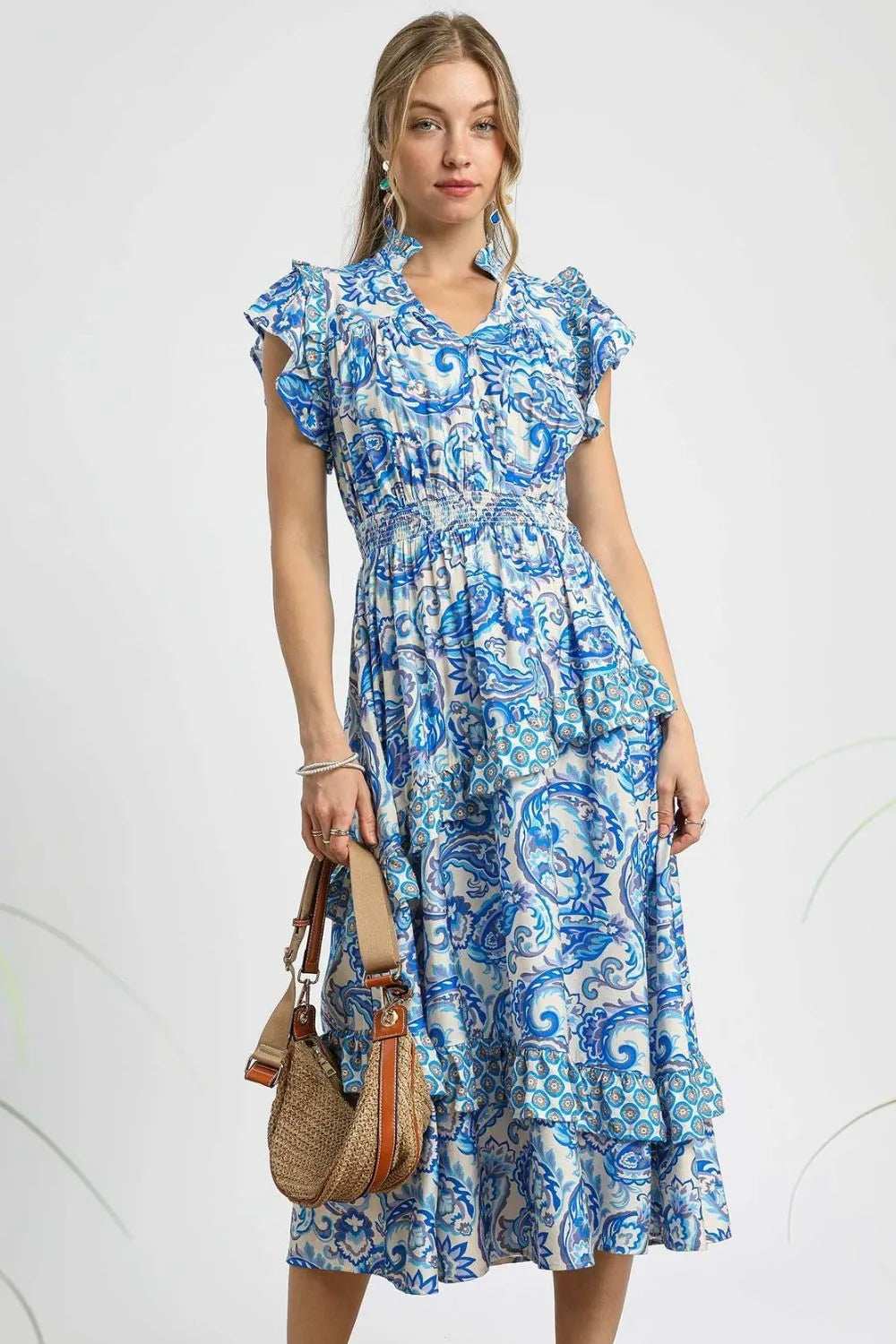 Umgee Paisley Print Ruffle Sleeve Midi Dress - Trendsi - Flyclothing LLC