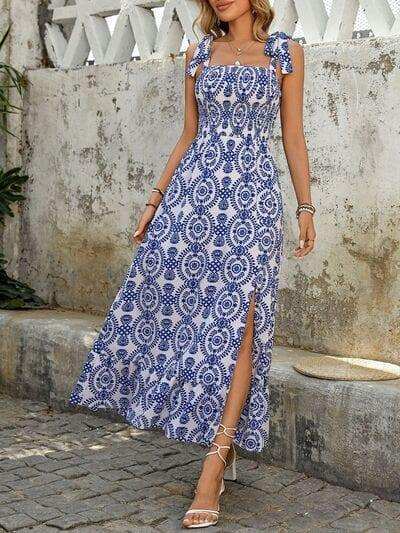 Perfee Slit Smocked Square Neck Printed Maxi Cami Dress - Trendsi - Flyclothing LLC
