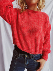 Round Neck Dropped Shoulder Long Sleeve Sweater - Trendsi