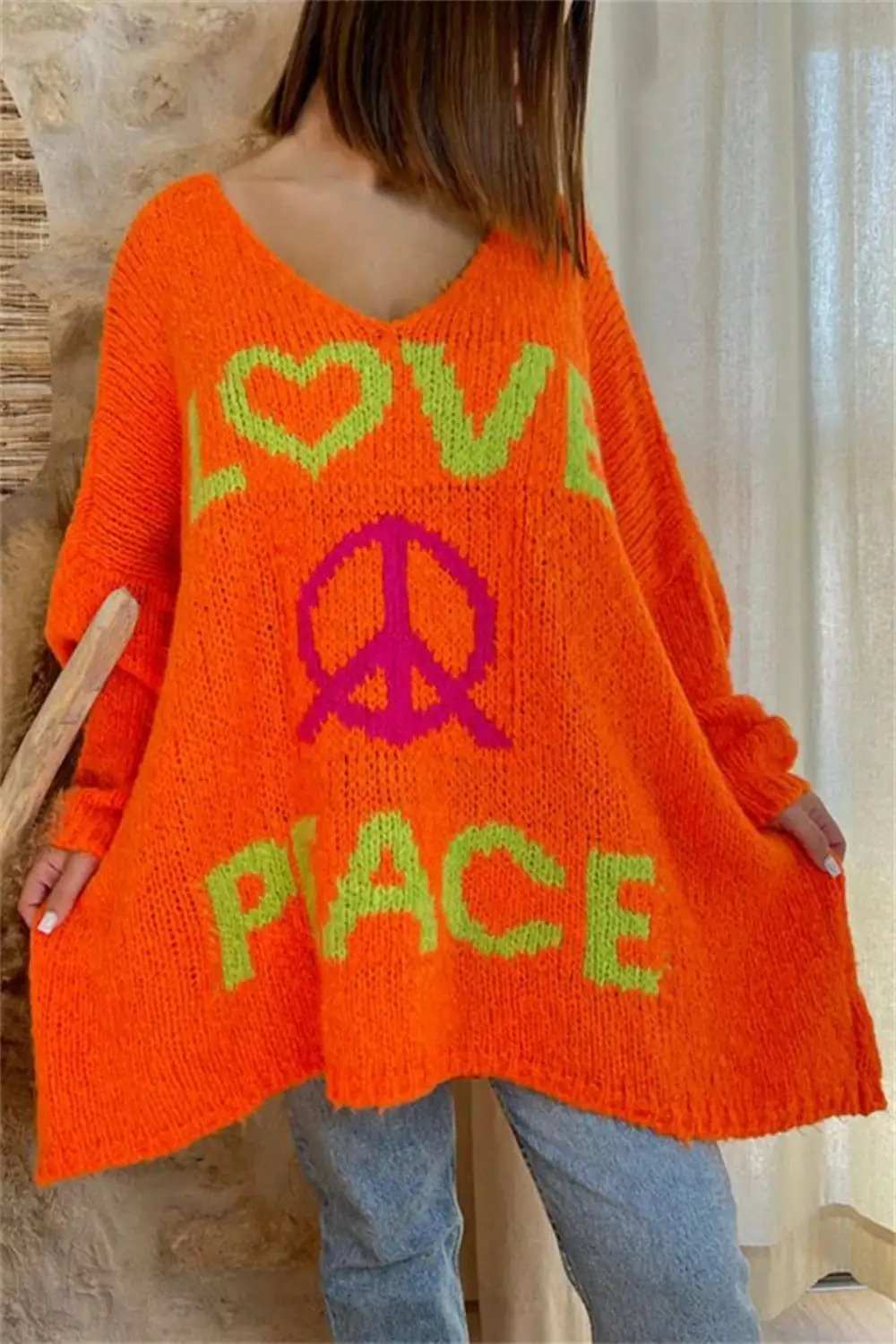 Peace Graphic V-Neck Long Sleeve Sweater - Trendsi - Flyclothing LLC