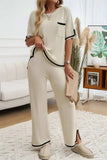 Devine Contrast Trim Half Sleeve Top and Pants Set - Trendsi - Flyclothing LLC