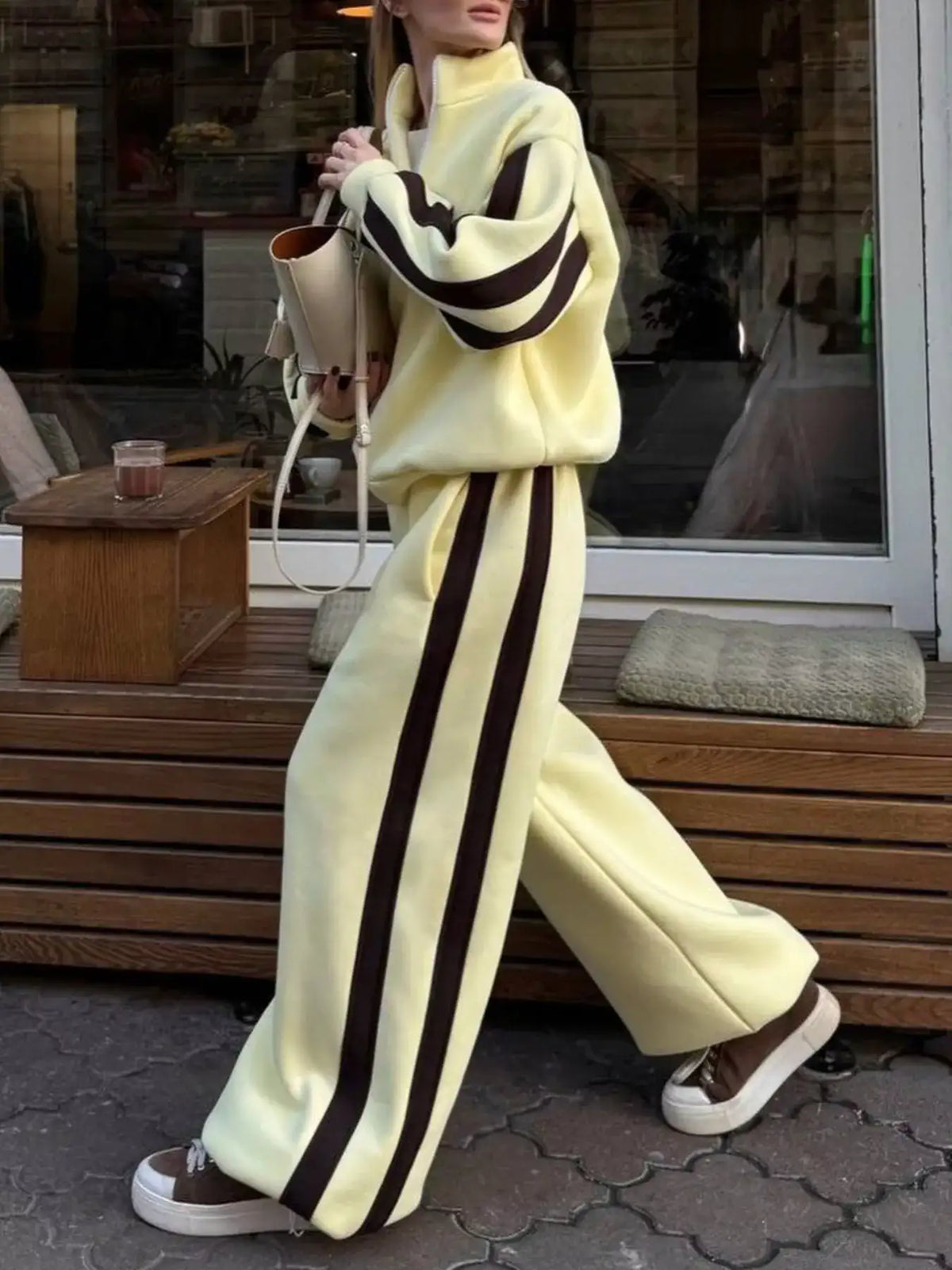 Contrast Striped Zip Up Top and Pants Set - Trendsi - Flyclothing LLC