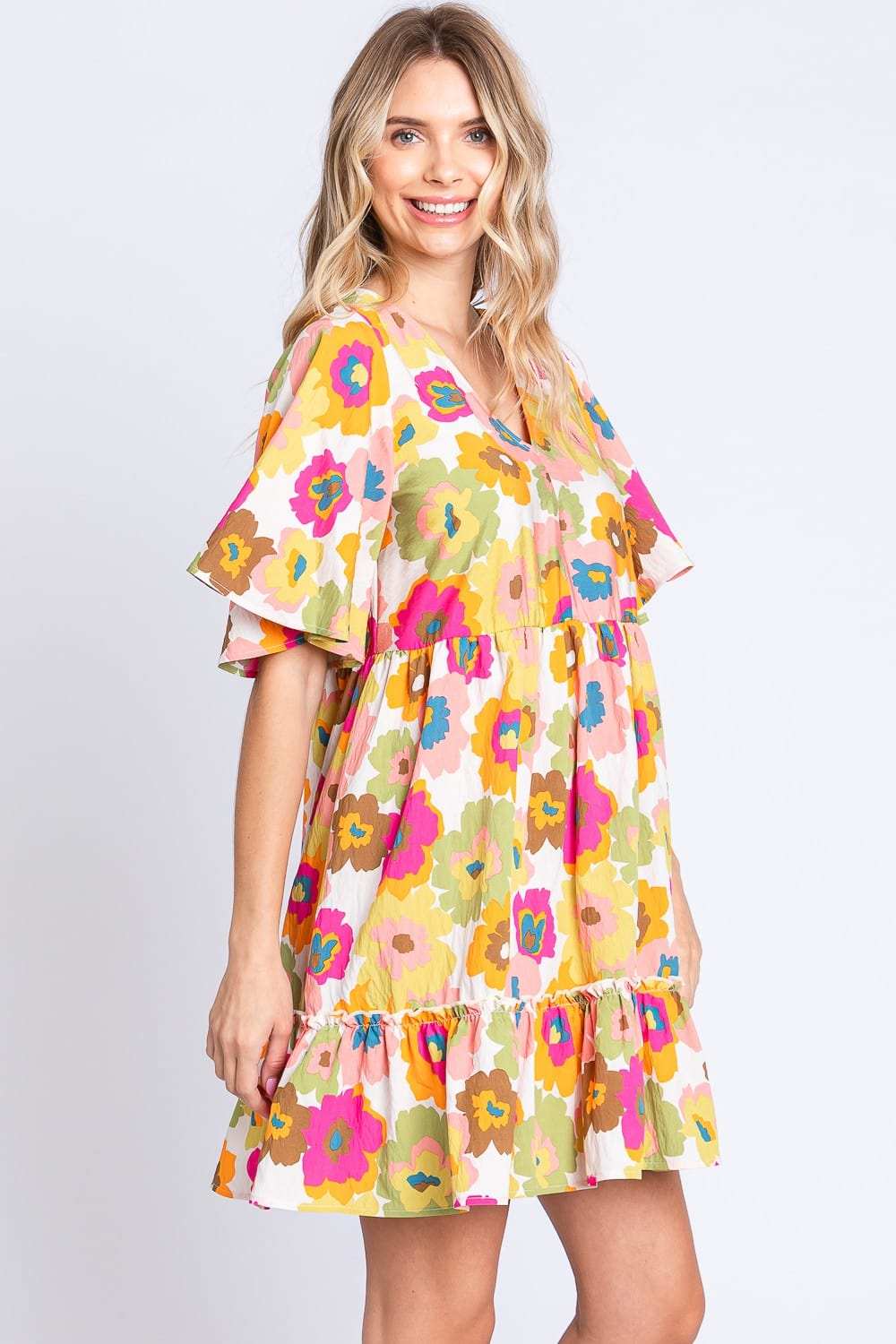 GeeGee Floral V-Neck Ruffle Hem Mini Dress - Trendsi - Flyclothing LLC