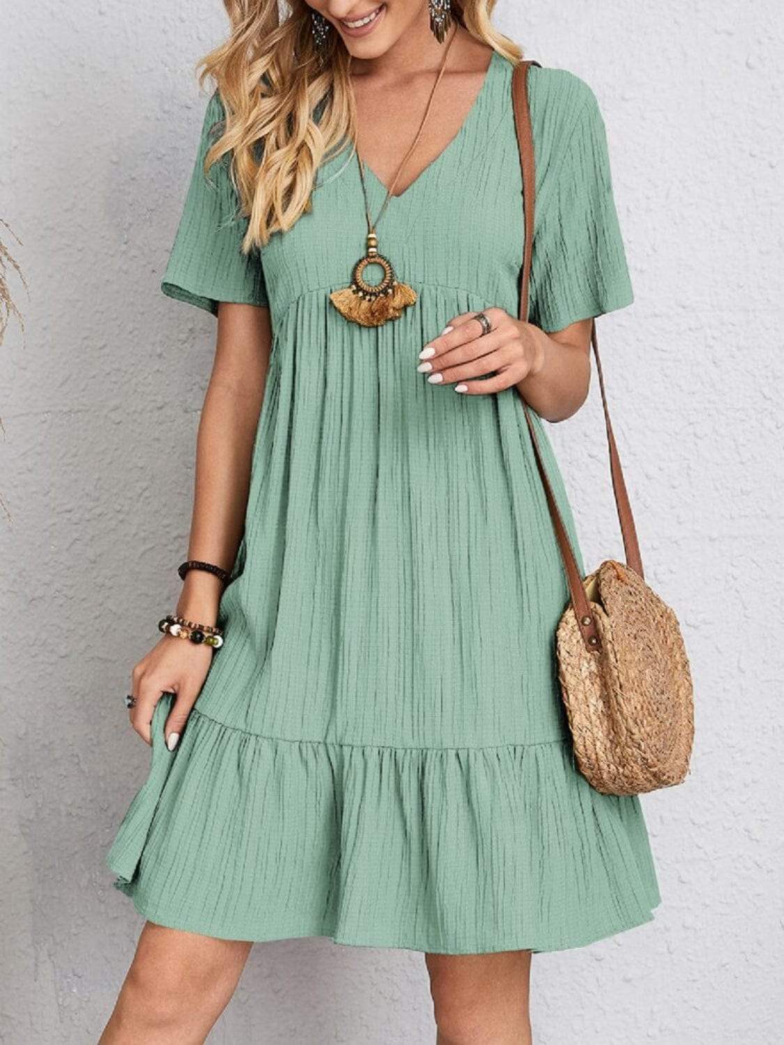 Full Size V-Neck Short Sleeve Dress - Trendsi - Flyclothing LLC