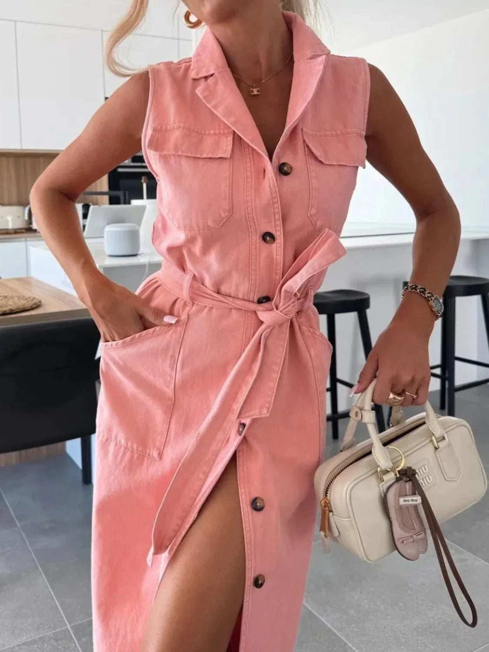 Button Front Sleeveless Denim Dress - Trendsi - Flyclothing LLC