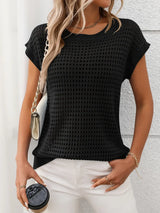 Openwork Round Neck Short Sleeve Knit Cover Up - Trendsi - Flyclothing LLC