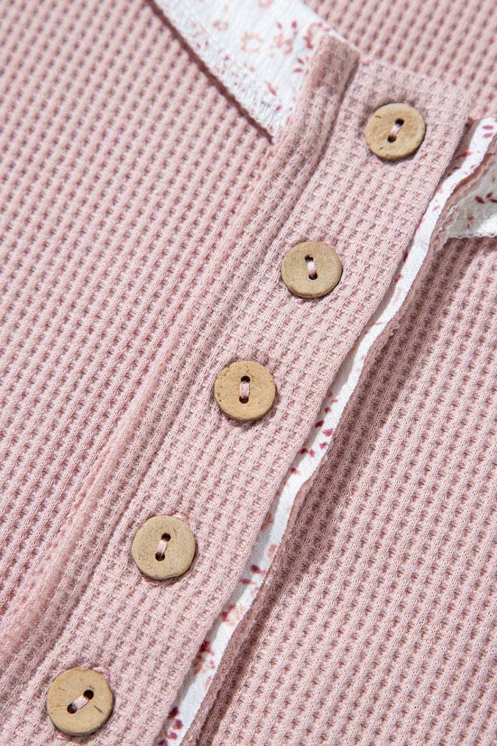 Waffle Floral Patchwork Exposed Seam Detail Short Sleeve Top - Trendsi - Flyclothing LLC