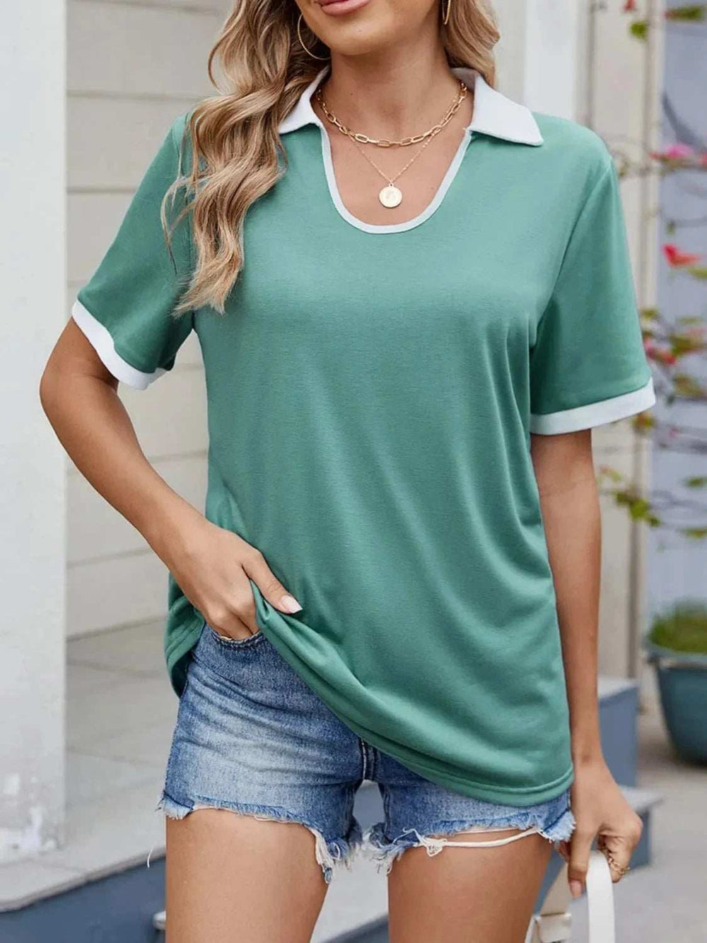 Contrast Trim Collar Short Sleeve Casual T-Shirt - Trendsi - Flyclothing LLC