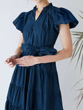 Ruched Tiered Notched Short Sleeve Dress - Trendsi