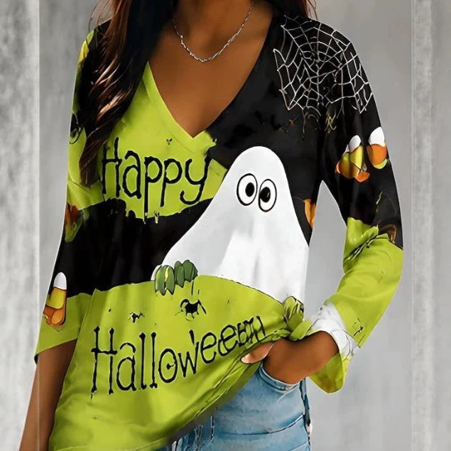 Women's Long-sleeve Crew-neck Halloween-print Hoodie