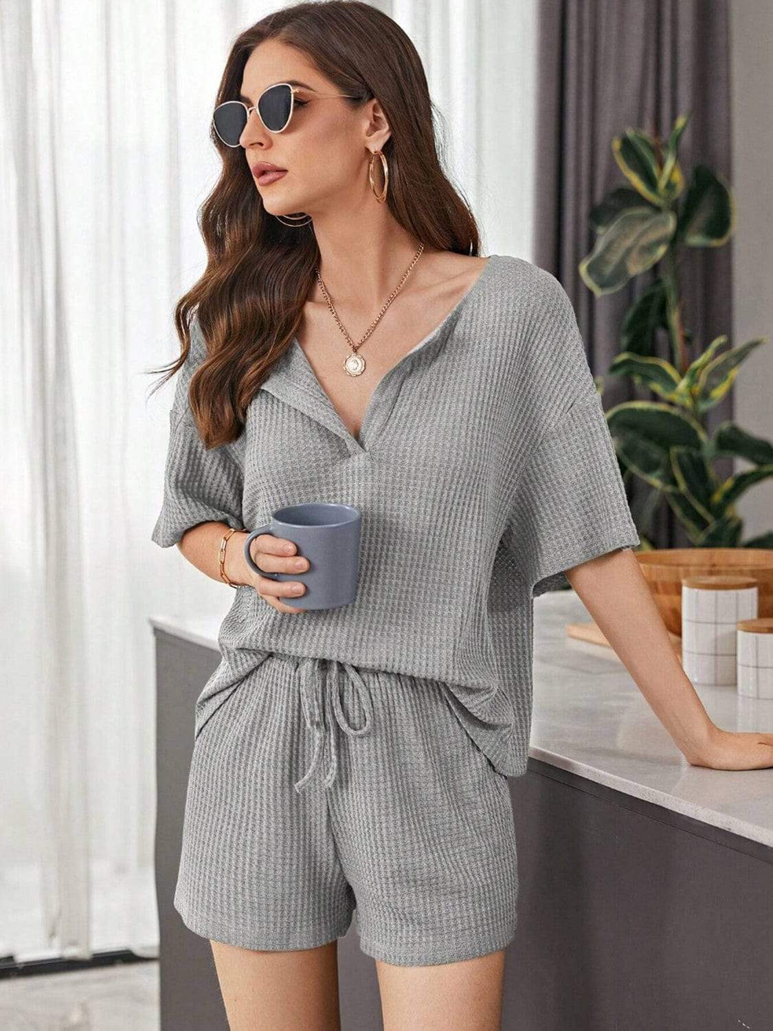 Full Size Waffle-Knit Dropped Shoulder Top and Shorts Set - Trendsi - Flyclothing LLC