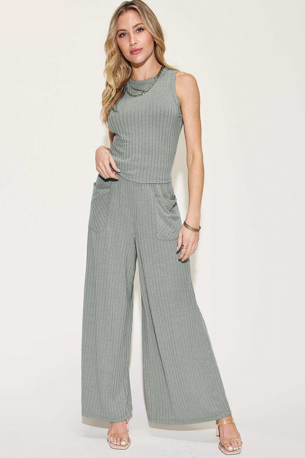 Basic Bae Full Size Ribbed Tank and Wide Leg Pants Set - Trendsi - Flyclothing LLC