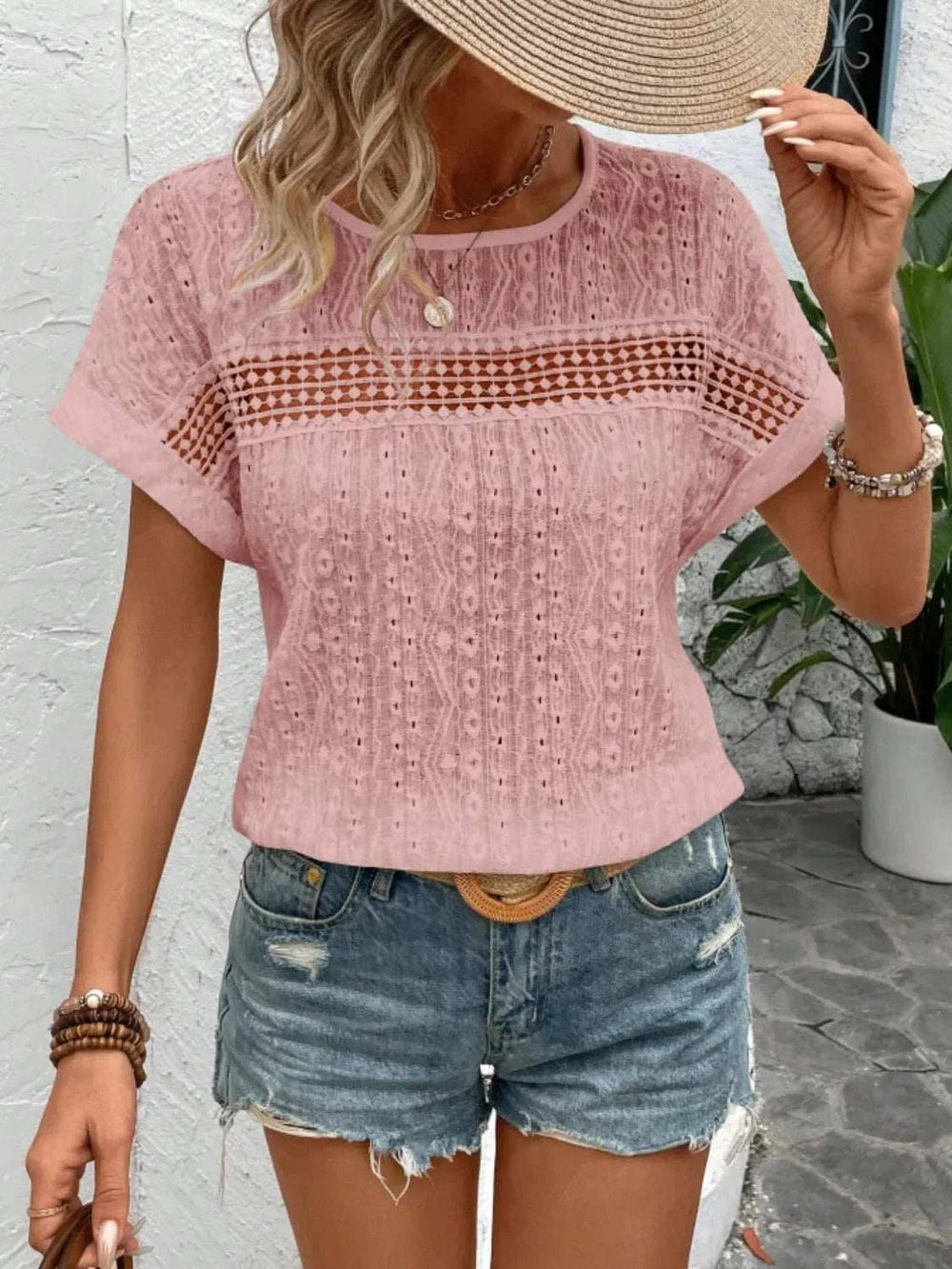 Eyelet Round Neck Short Sleeve Top - Trendsi - Flyclothing LLC