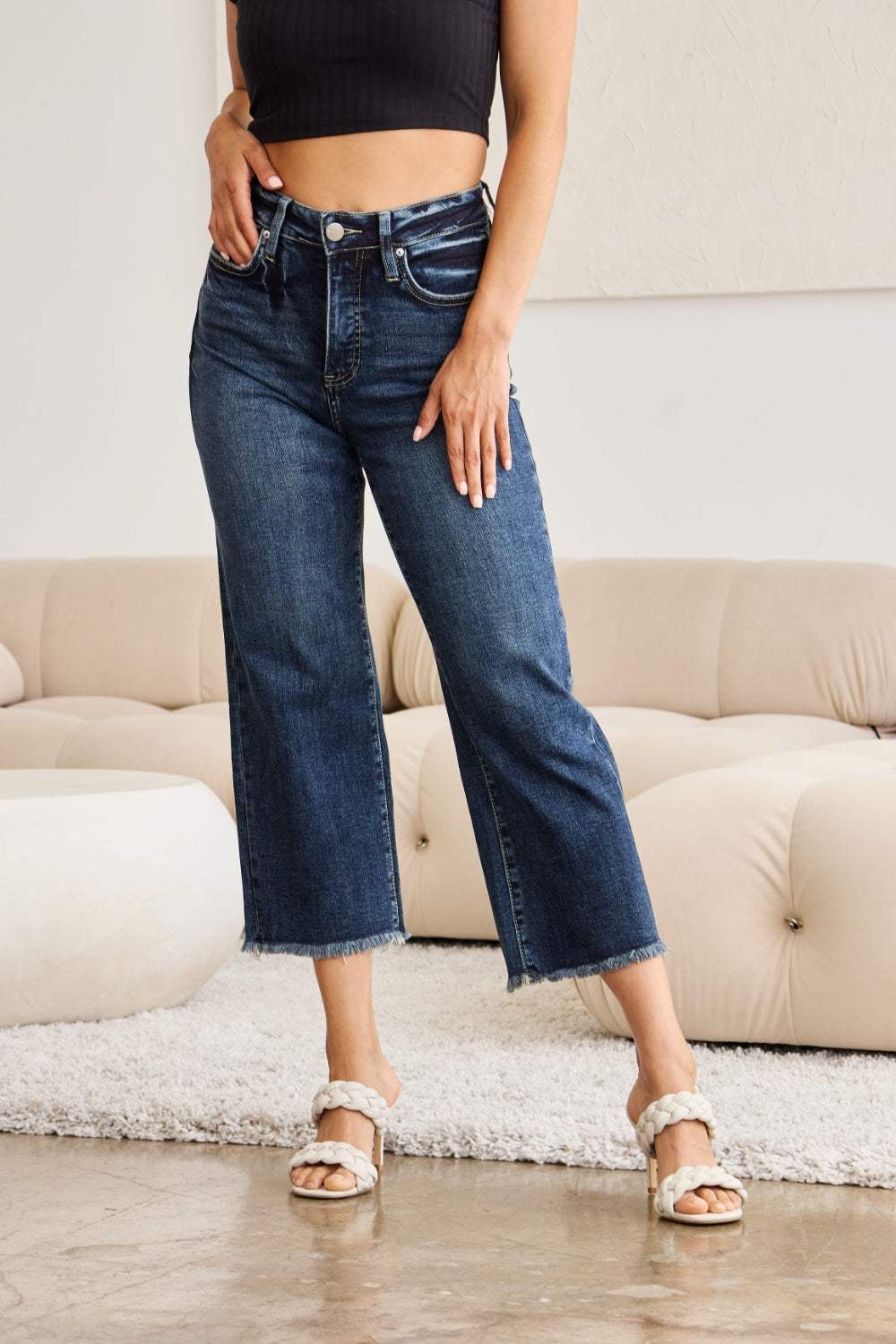RFM Full Size Tummy Control High Waist Raw Hem Jeans - Trendsi - Flyclothing LLC