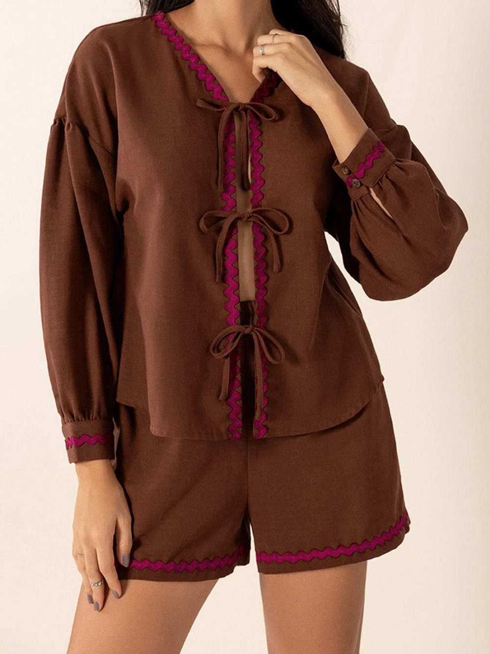 Tied V-Neck Long Sleeve Top and Shorts Set - Trendsi - Flyclothing LLC